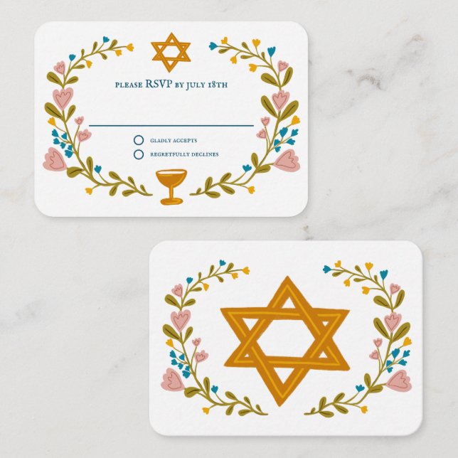 Floral Wreath Bat Mitzvah Hand-drawn Custom RSVP Enclosure Card (Front/Back)