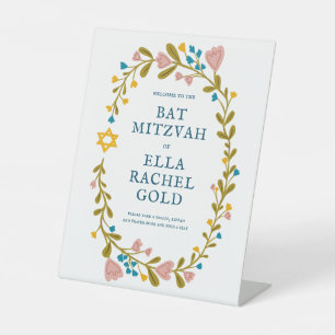 Floral Wreath Bat Mitzvah Hand-drawn Custom Welcom Pedestal Sign