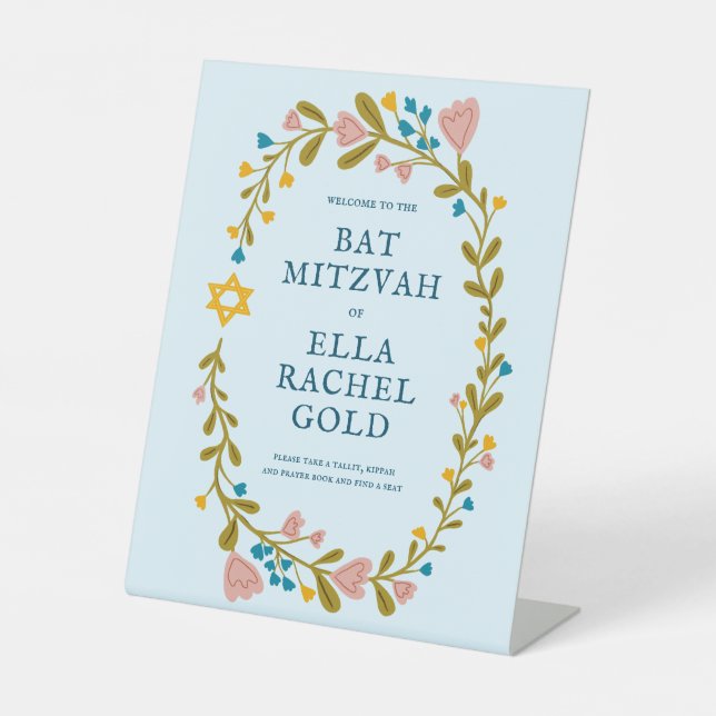 Floral Wreath Bat Mitzvah Hand-drawn Custom Welcom Pedestal Sign (Front)