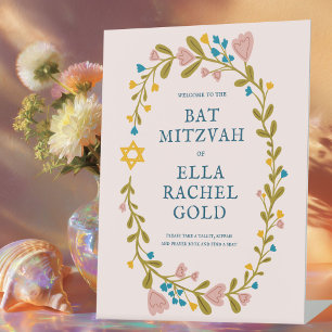 Floral Wreath Bat Mitzvah Hand-drawn Custom Welcom Pedestal Sign