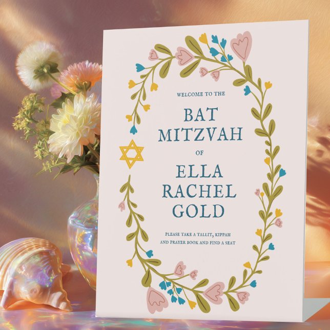 Floral Wreath Bat Mitzvah Hand-drawn Custom Welcom Pedestal Sign (Floral Wreath Bat Mitzvah Hand-drawn Custom Welcome Pedestal Sign
)