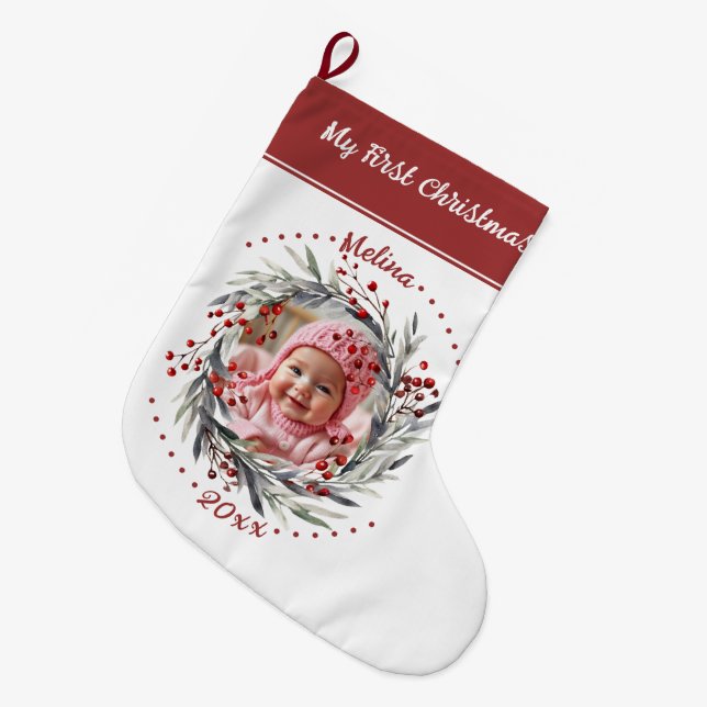 Floral wreath berries Baby's First Christmas photo Large Christmas Stocking (Front (Hanging))