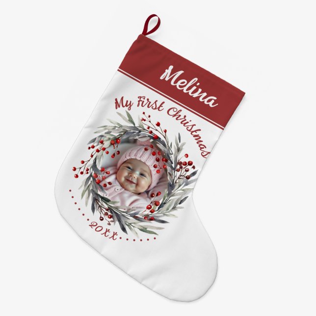 Floral wreath berries Baby's First Christmas photo Large Christmas Stocking (Front (Hanging))