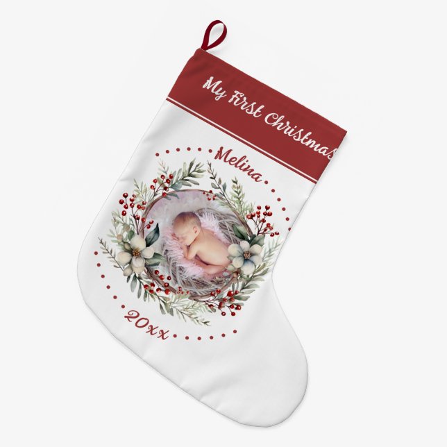 Floral wreath berries Baby's First Christmas photo Large Christmas Stocking (Front (Hanging))