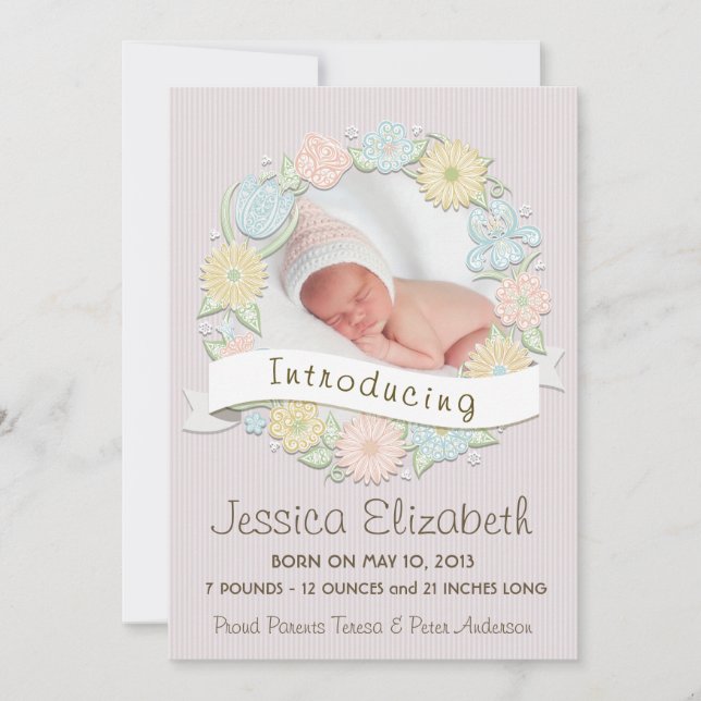 Floral Wreath Birth Anncouncement Announcement (Front)