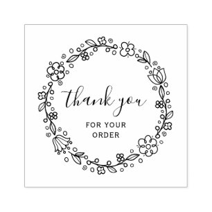 floral wreath black script thank you rubber stamp