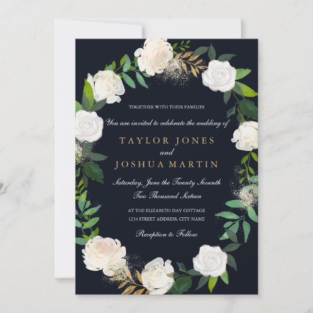 Floral Wreath Blush Navy Gold Wedding Invitation (Front)