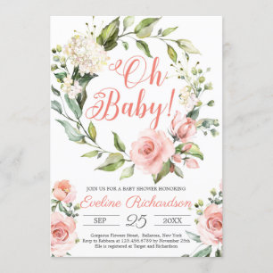 Floral wreath bohemian blush pink floral baby invitation
