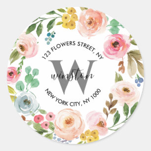 Floral Wreath Boho Monogram Return Address Classic Round Sticker