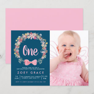 Floral Wreath & Bow Girl's 1st Birthday Photo Invitation