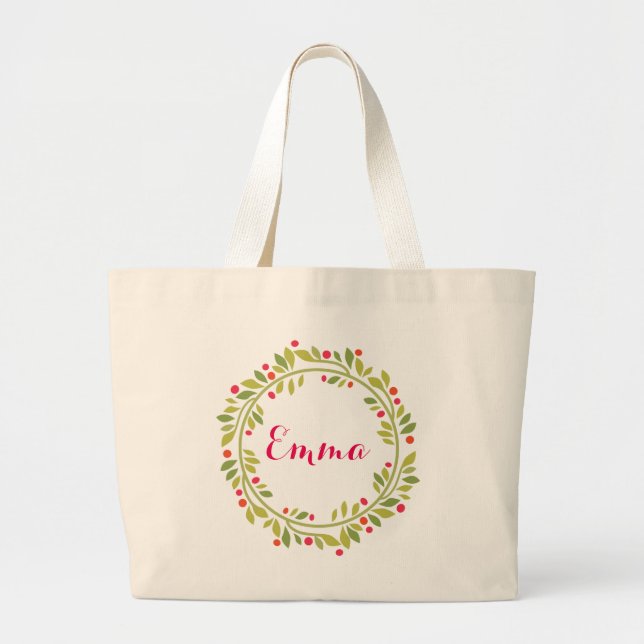 Floral Wreath Bride Monogram Personalised Large Tote Bag (Front)