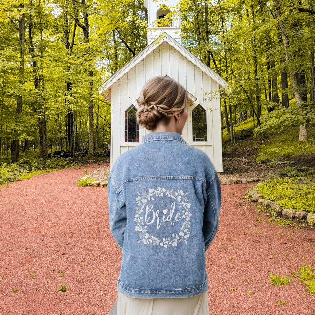 Floral wreath bride script typography wedding denim jacket (Creator Uploaded)