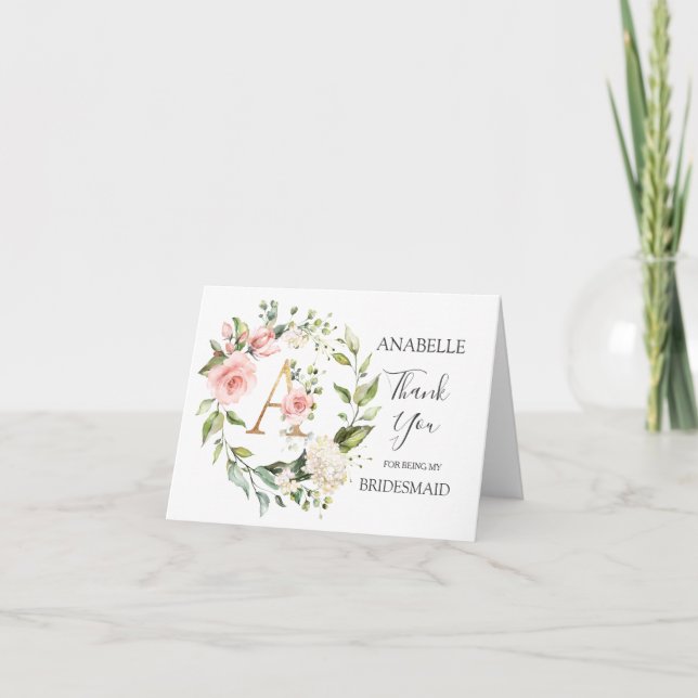 Floral Wreath Bridesmaid monogram letter A Thank You Card (Front)