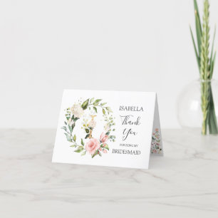 Floral Wreath Bridesmaid monogram letter I Thank You Card
