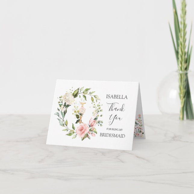 Floral Wreath Bridesmaid monogram letter I Thank You Card (Front)