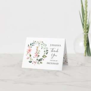 Floral Wreath Bridesmaid monogram letter J  Thank You Card
