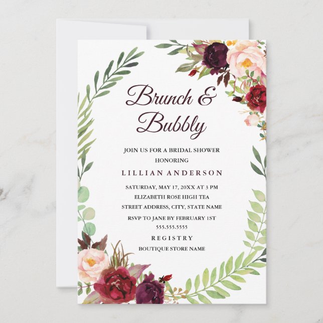 Floral Wreath Brunch and Bubbly Bridal Shower Invitation (Front)
