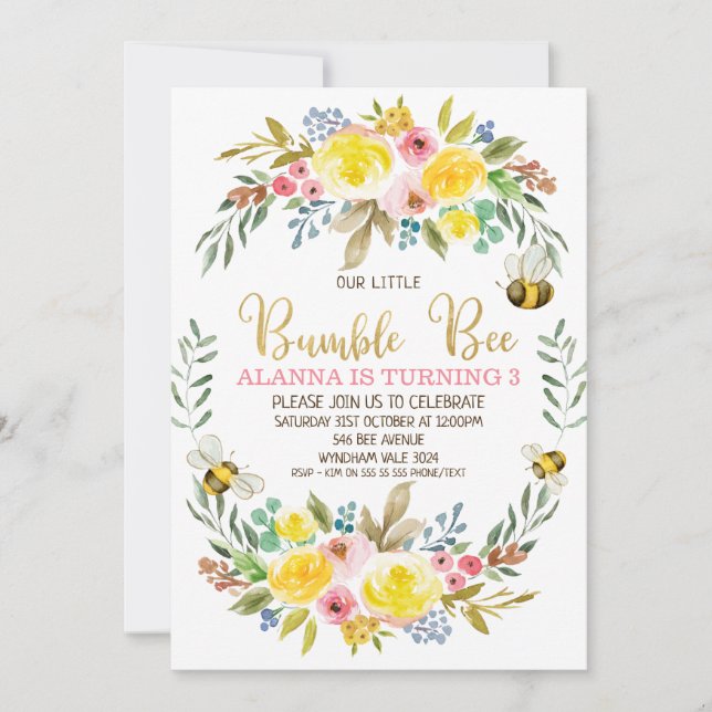 Floral Wreath Bumble Bee Birthday Invitation (Front)