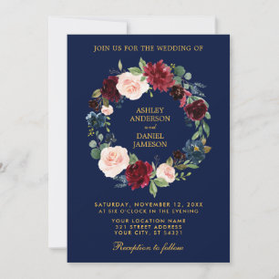 Floral Wreath Burgundy Blue Gold Wedding B Invitation