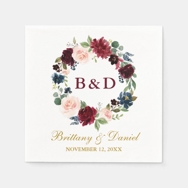 Floral Wreath Burgundy Blue Gold Wedding Napkin (Front)