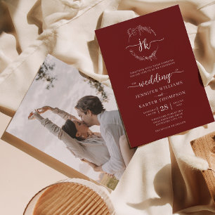 Floral Wreath Burgundy Monogram Photo Wedding Invitation