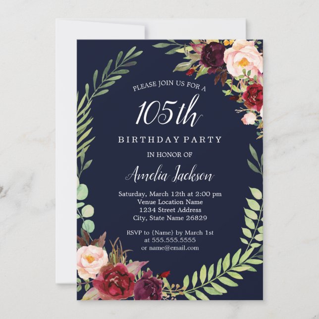 Floral Wreath Burgundy Navy 105th Birthday Invitation (Front)