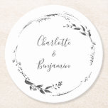 Floral Wreath Calligraphy Custom Wedding White  Round Paper Coaster<br><div class="desc">Floral Wreath Monogram Personalised Script Calligraphy Paper Coaster in White with Black Typography</div>