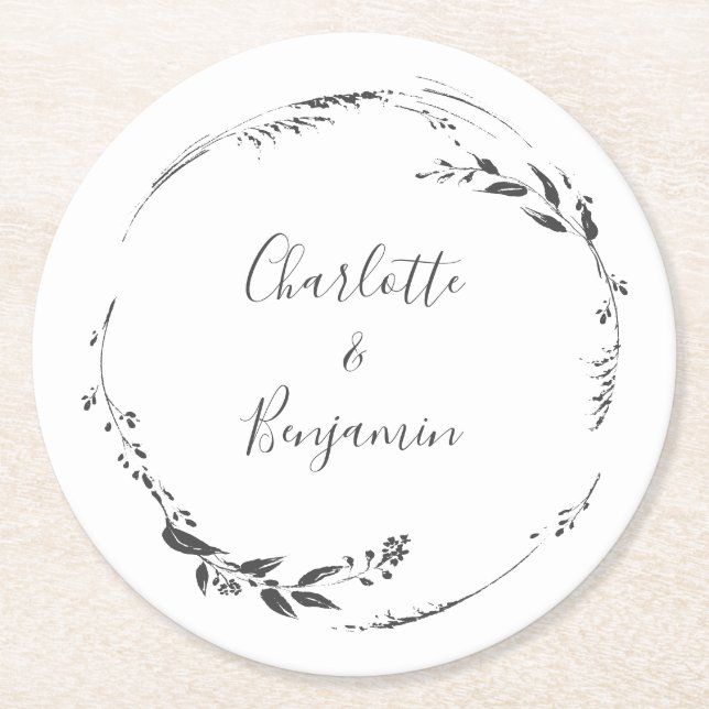 Floral Wreath Calligraphy Custom Wedding White  Round Paper Coaster (Front)