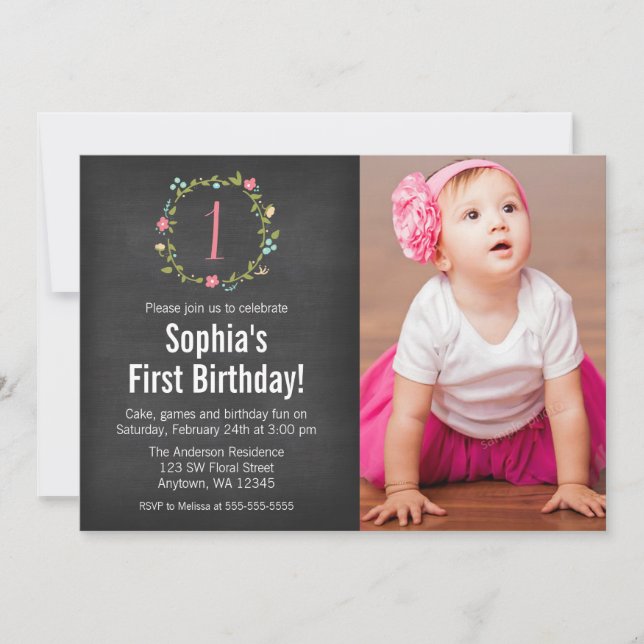 Floral Wreath Chalkboard Photo Girl 1st Birthday Invitation (Front)