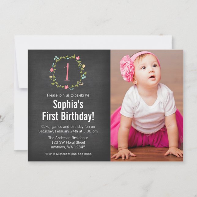Floral Wreath Chalkboard Photo Girl 1st Birthday Invitation (Front)