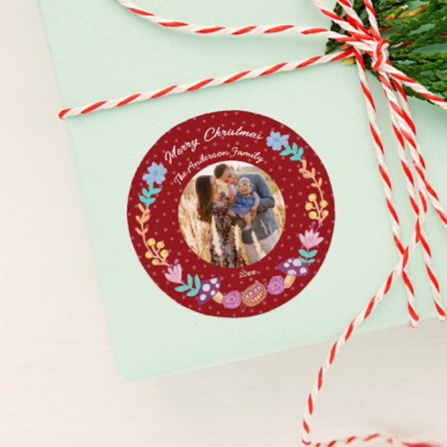 Floral wreath cheshire cat red Christmas photo Classic Round Sticker (Creator Uploaded)