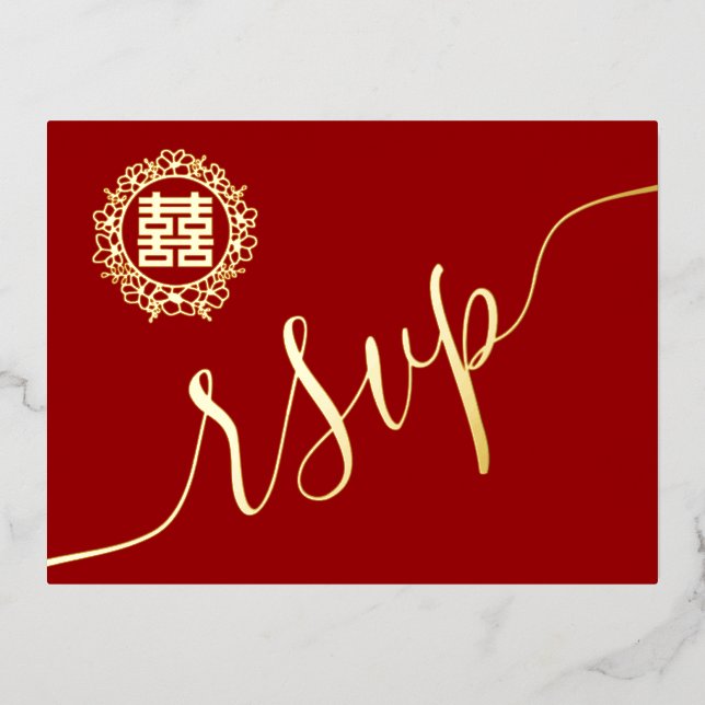 Floral wreath Chinese wedding rsvp card (Front)