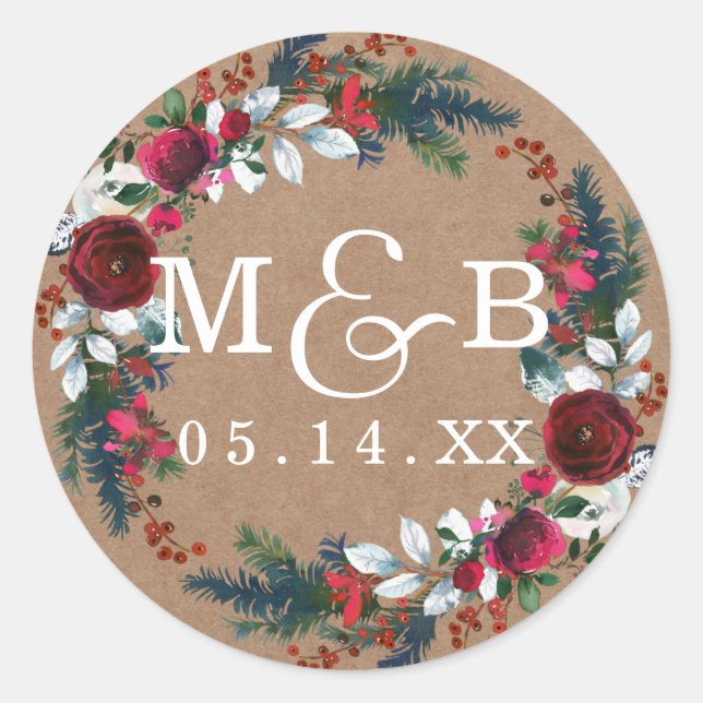 Floral Wreath Christmas Wedding Monogram Sticker (Front)