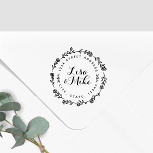 Floral Wreath Couple Names Wedding Return Address Self-inking Stamp