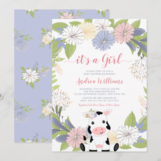 Floral Wreath Cow Girl Baby Shower Invitation (Front/Back)