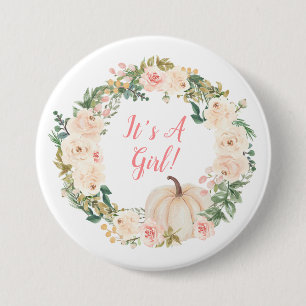 Floral Wreath Cream Pumpkin It's A Girl 7.5 Cm Round Badge