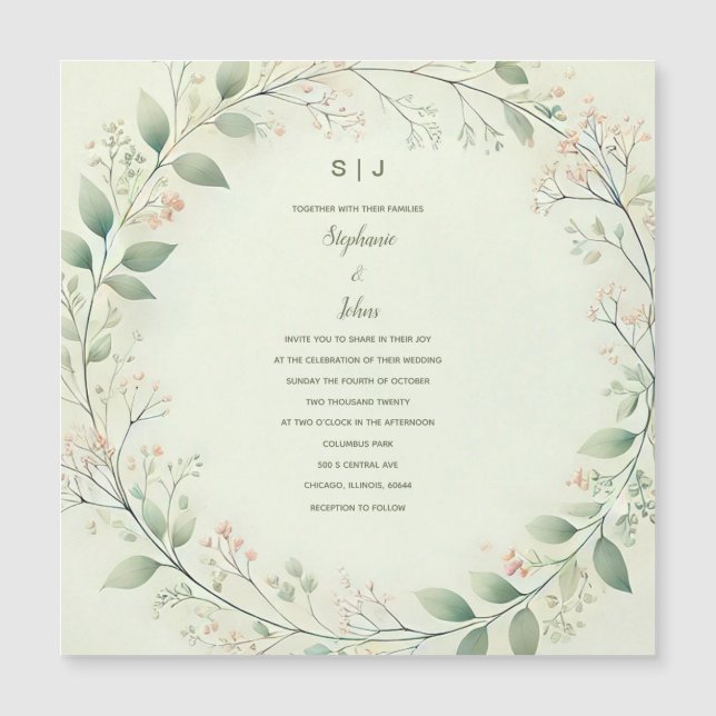 Floral Wreath Crest Monogram Sage Green Wedding Magnetic Invitation (Front)