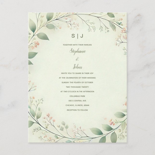 Floral Wreath Crest Monogram Sage Green Wedding Postcard (Front)