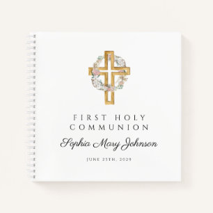 Floral Wreath Cross First Communion Guestbook  Notebook