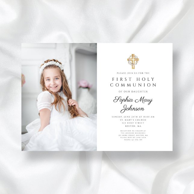Floral Wreath Cross Photo Girl First Communion Invitation (Floral Wreath Cross Photo Girl First Communion Invitation)