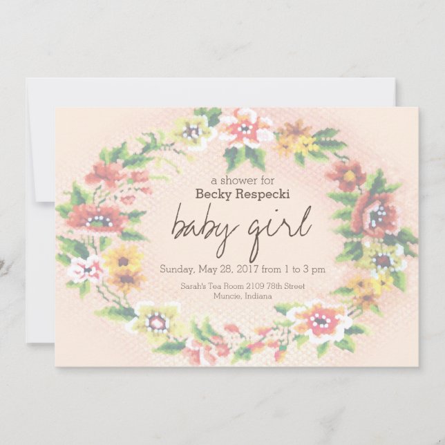 Floral Wreath Cross-stitch Baby Shower Invitation (Front)