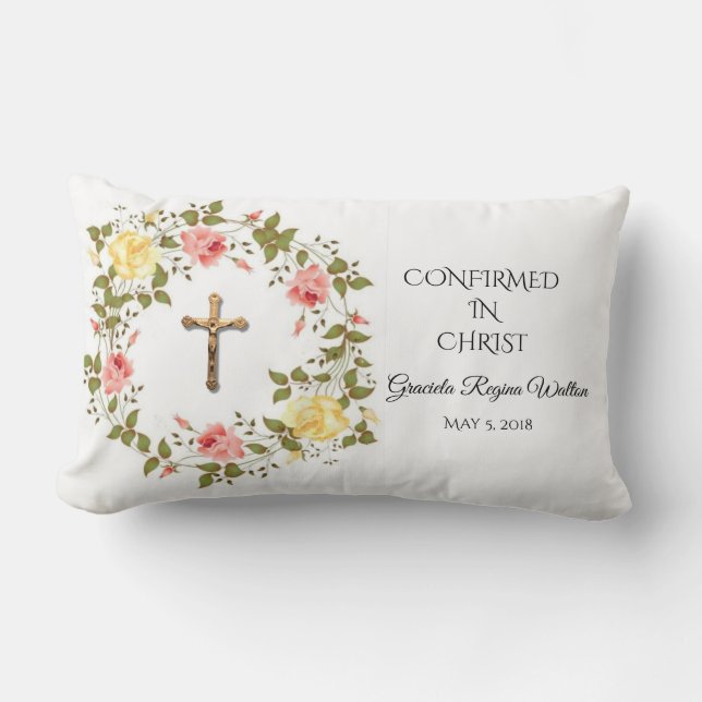 Floral Wreath Crucifix Yellow Pink Roses Lumbar Cushion (Front)