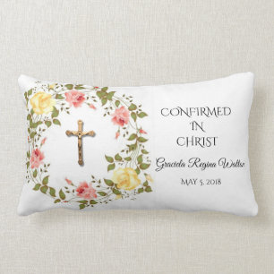 Floral Wreath Crucifix Yellow Pink Roses Lumbar Cushion