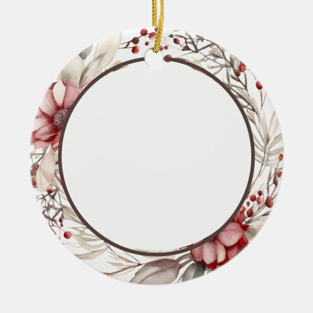 Floral Wreath Custom Photo Ceramic Tree Decoration (Front)