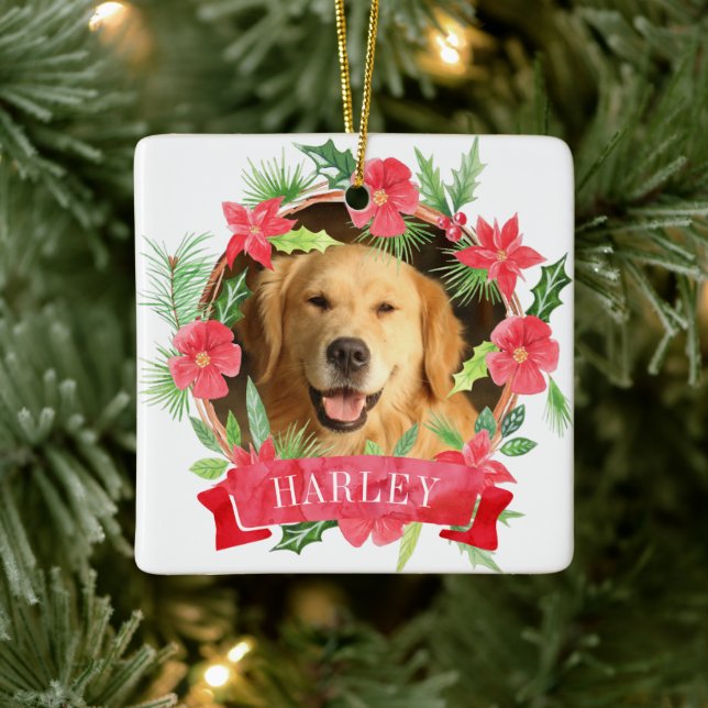 Floral Wreath Dog Photo Ceramic Ornament (Tree)