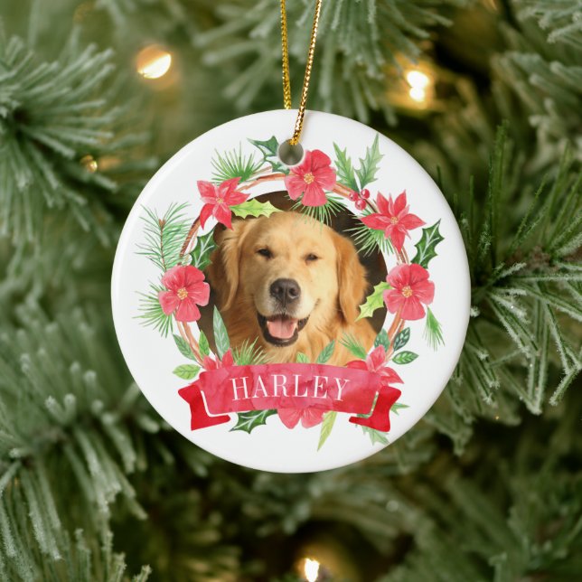 Floral Wreath Dog Photo Ceramic Tree Decoration (Tree)