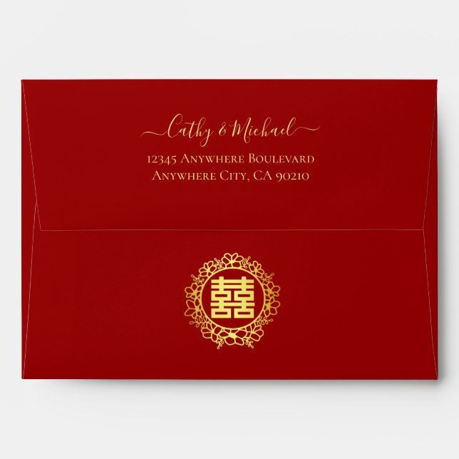 Floral wreath double happiness red Chinese wedding Envelope (Back (Top Flap))