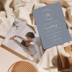 Floral Wreath Dusty Blue Monogram Photo Wedding Invitation