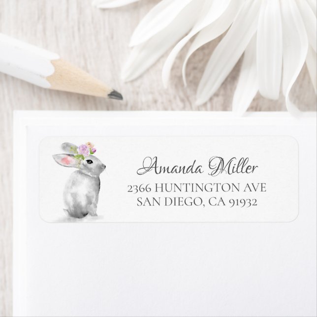 Floral Wreath Easter Bunny Return Address Label (Insitu)