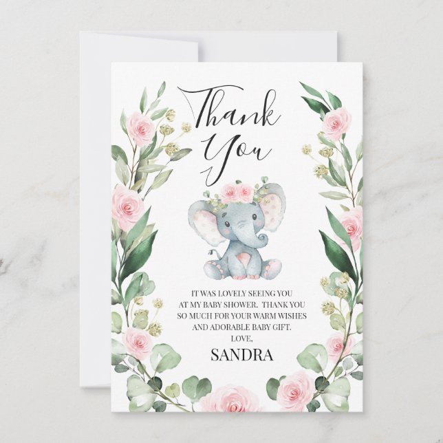 Floral Wreath Elephant Baby Shower Thank You Card (Front)